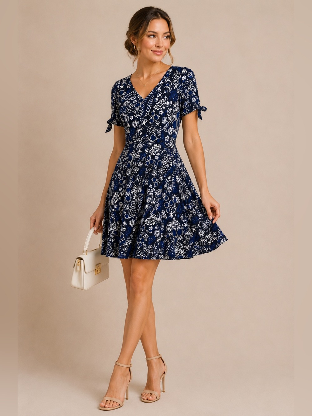 J.Crew Navy Blue Floral Tie Sleeve Fit Flare Dress Size 0